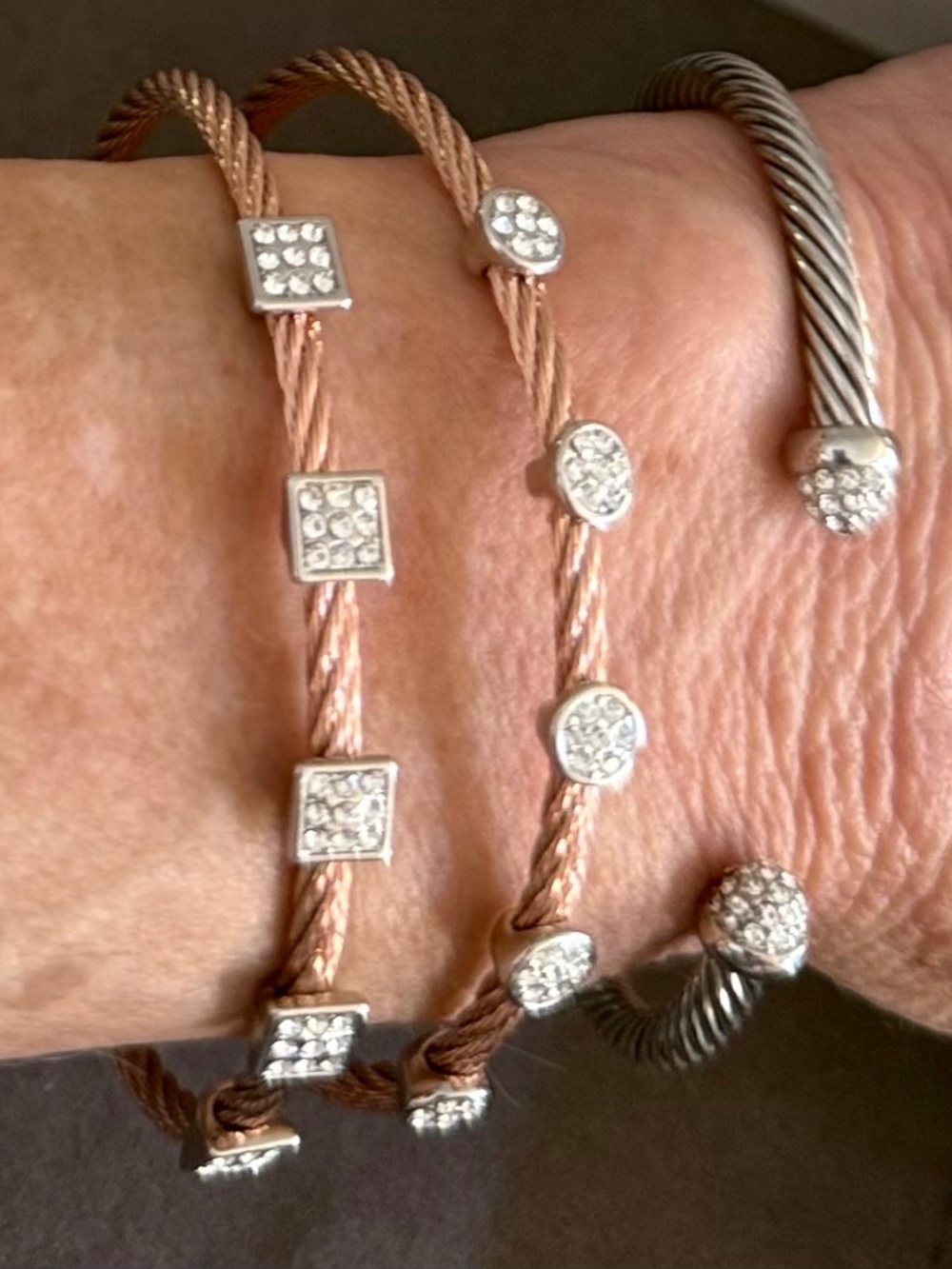 Meshmerise- 2 rose gold cable with pave accents- one sterling cuff w/pave accent